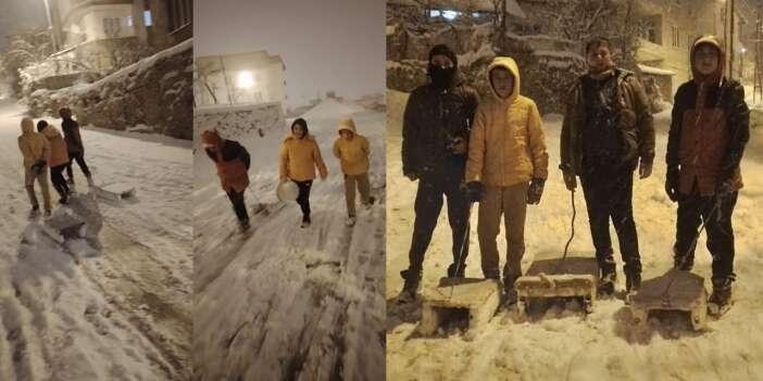 Bidon ve kızaklarla kar keyfi