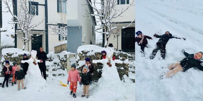 Hakkarili çocukların kardan adam sevinci