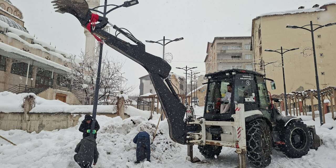 Karda devrilen direkler yeniden dikildi