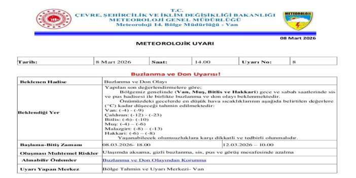 Hakkari için buzlanma ve don uyarısı