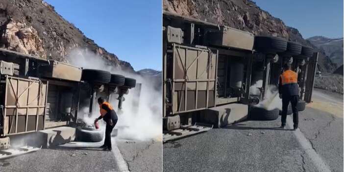 Hakkari-Van  yolunda tır devrildi