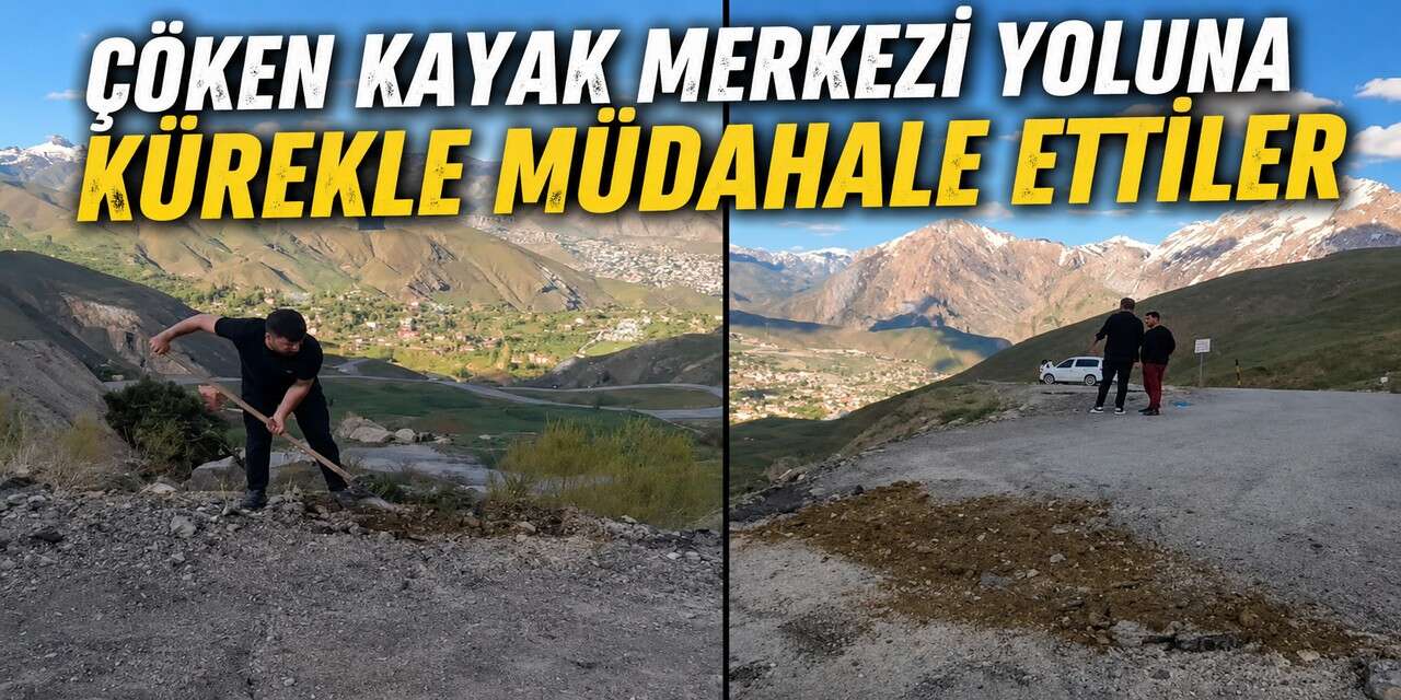 Çöken kayak merkezi yoluna kürekle müdahale