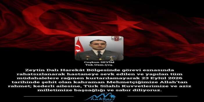 Zeytin Dalı Harekât Bölgesinden Şehit Haberi